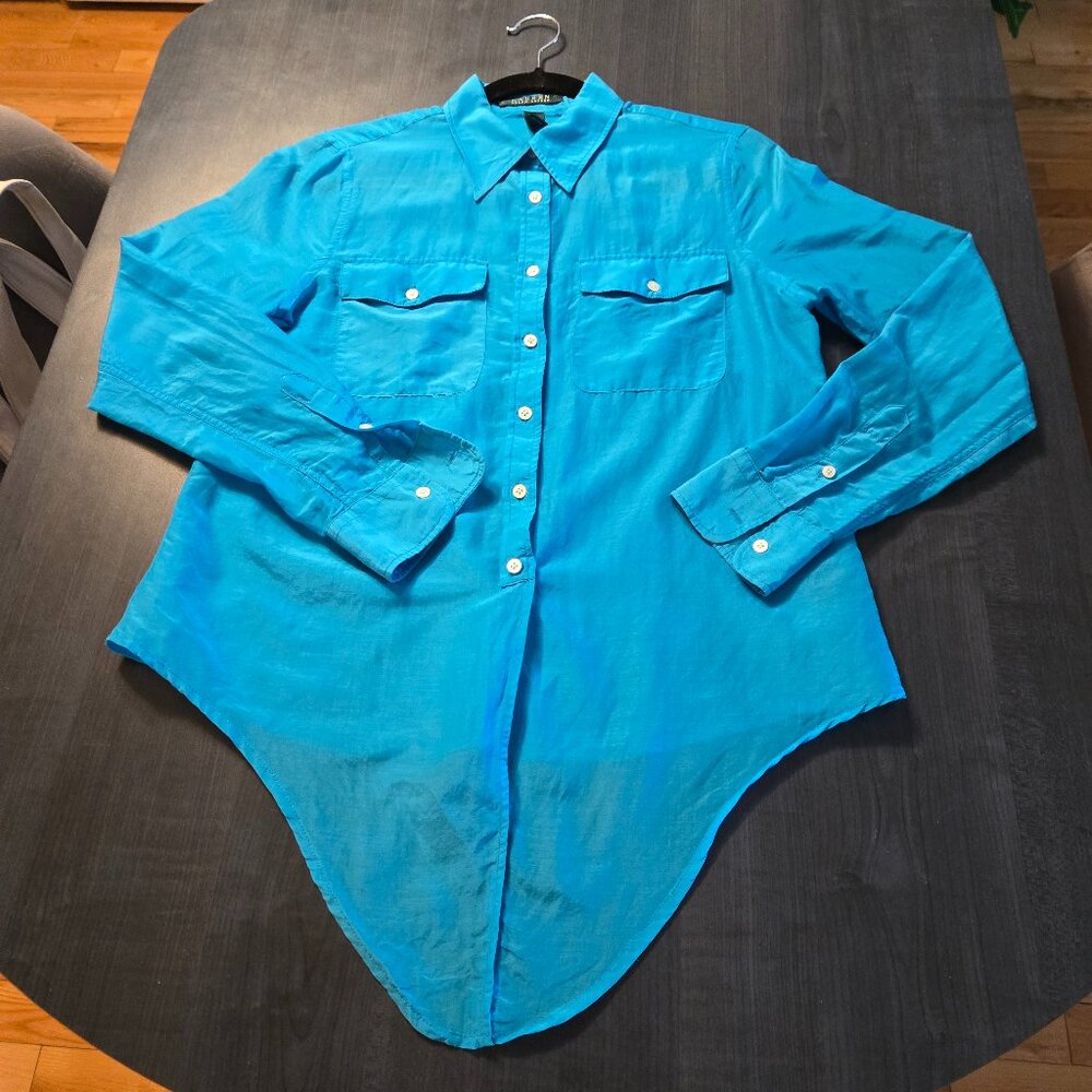 NWOT Lauren Ralph Lauren Blue Silk cotton button-down shirt Small - Picture 3 of 6